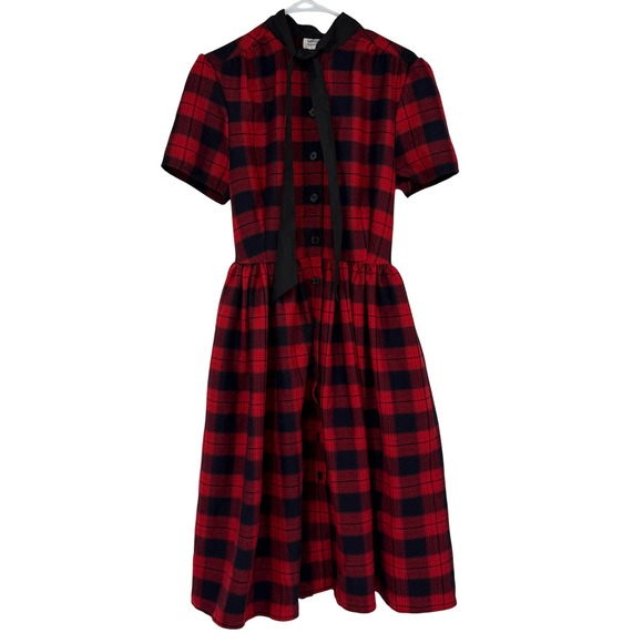 Unique Vintage Dresses & Skirts - Unique Vintage Red Black Plaid Tie Neck Fit Flare Dress 10-12 Retro Rockabilly